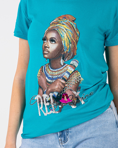 Blue women's t-shirt with colored print and sequins - Clothing