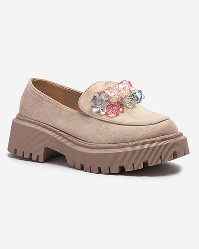 Light brown women's moccasins with colorful beads Hetika - Footwear