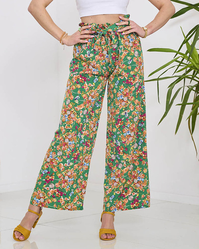 Women's green palazzo pants with orange flowers- Clothing