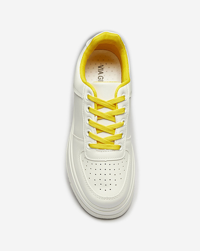 White women's sports sneakers with yellow laces Smaffo- Footwear