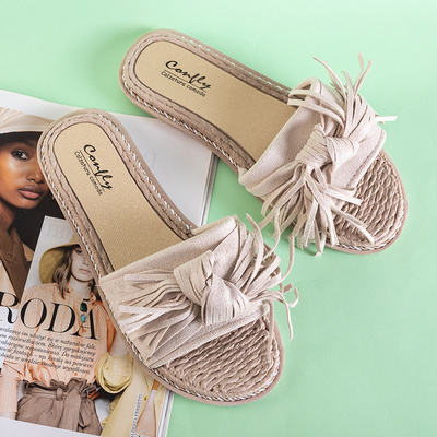 Beige women's slippers with fringes Foasia - Footwear