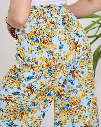 Women's blue palazzo pants with yellow flowers- Clothing