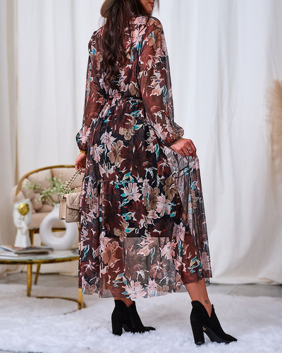 Royalfashion Dark brown mesh floral maxi dress