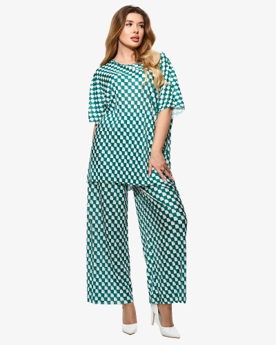 Green women's pleated patterned set - Clothing