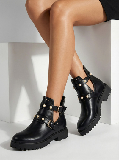 Royalfashion Black women's embellished flat heeled boots Pearl Elegance