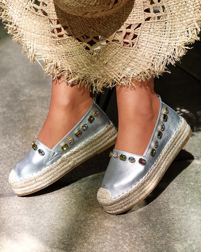 Women's silver espadrilles with crystals Ziennie - Footwear