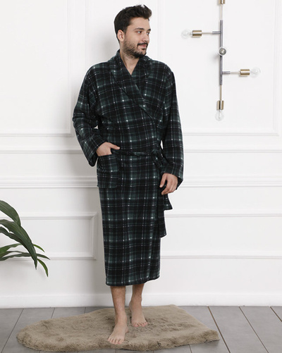 Dark green men's checkered bathrobe - Clothing