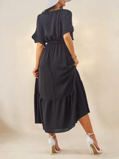 Royalfashion Sieviešu midi kleita ar īsām piedurknēm un dekoratīviem pogām