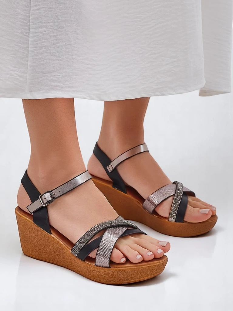 Royalfashion Women's wedge sandals with rhinestones and glitter Glittera