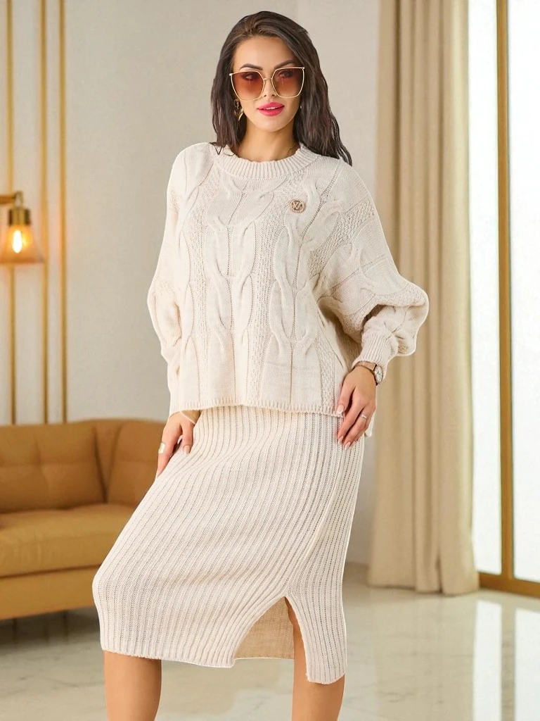 Royalfashion Акриловый оплетенный женский комплект с свитером и юбкой Warm&Fuzzy