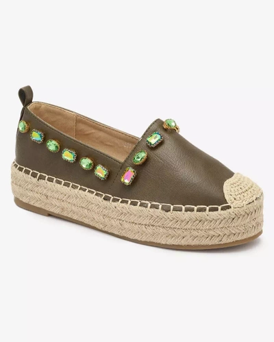 Women's espadrilles with crystals in khaki green - Footwear