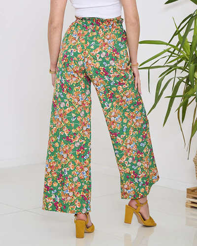 Women's green palazzo pants with orange flowers- Clothing