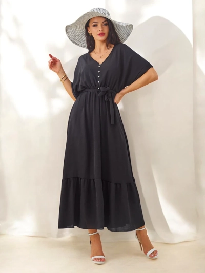 Royalfashion Sieviešu midi kleita ar īsām piedurknēm un dekoratīviem pogām