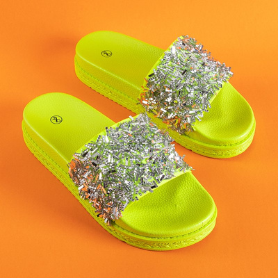 Neon green women's slippers with cubic zirconias Onesti - Footwear