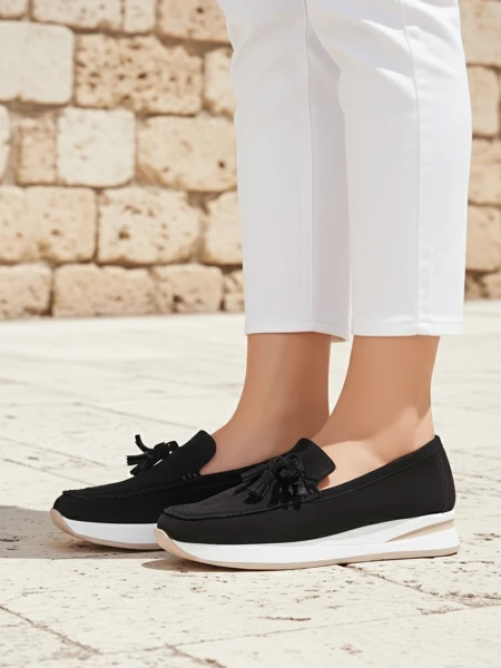 Loafers damskie Aelia czarne z zamszowej skóry ekologicznej koturn 4 cm