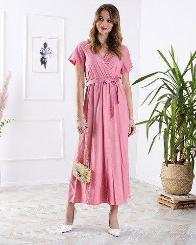 Women's pink long dress with slit - Clothing