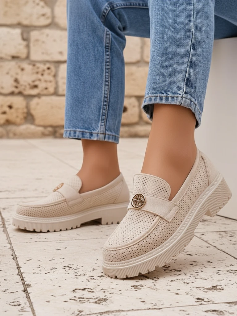 Loafers dámske Callista béžové z eko-semišu na plochej podrážke 4 cm