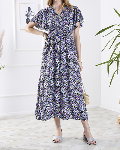 Women's black long dress with purple flowers - Clothing