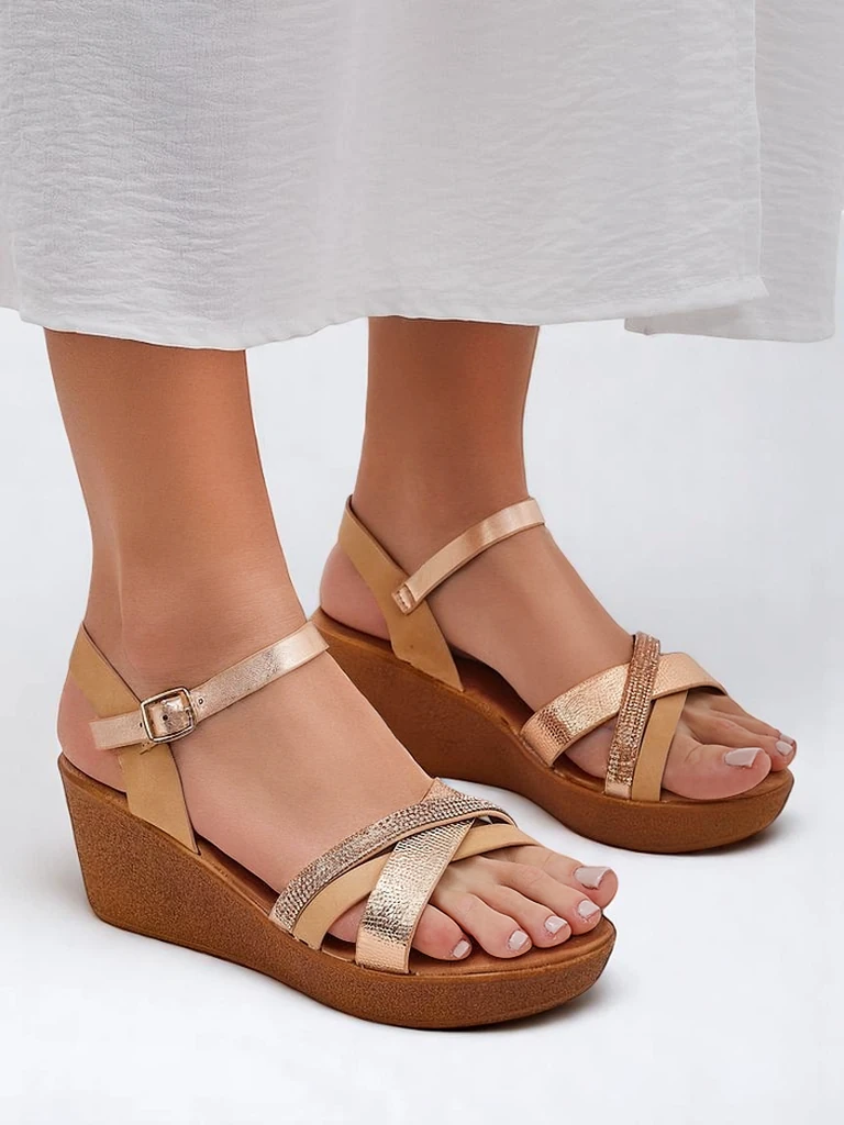 Royalfashion Women's wedge sandals with rhinestones and glitter Glittera