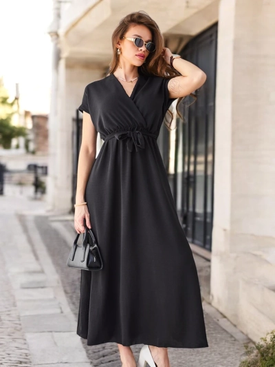 Royalfashion Women's midi dress with a wrap neckline, short sleeves, and a belt