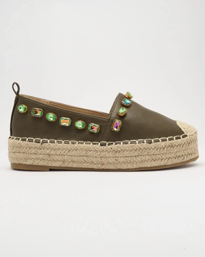 Women's espadrilles with crystals in khaki green - Footwear