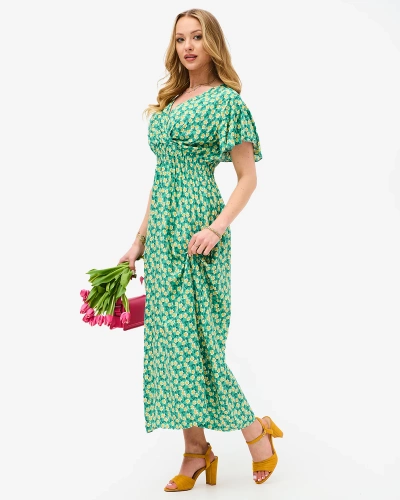 Women's green midi dress with yellow floral motif - Clothing