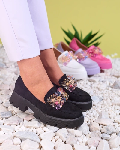 Royalfashion Black women's moccasins with colorful crystals Crystal Glam