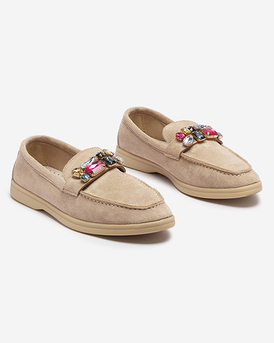 Eco suede light brown women's moccasins with decorative crystals Nellens- Footwear