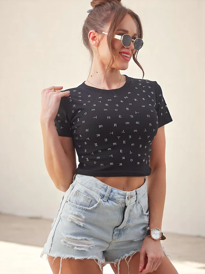 Royalfashion Cotton women's crop top with rhinestones and letters