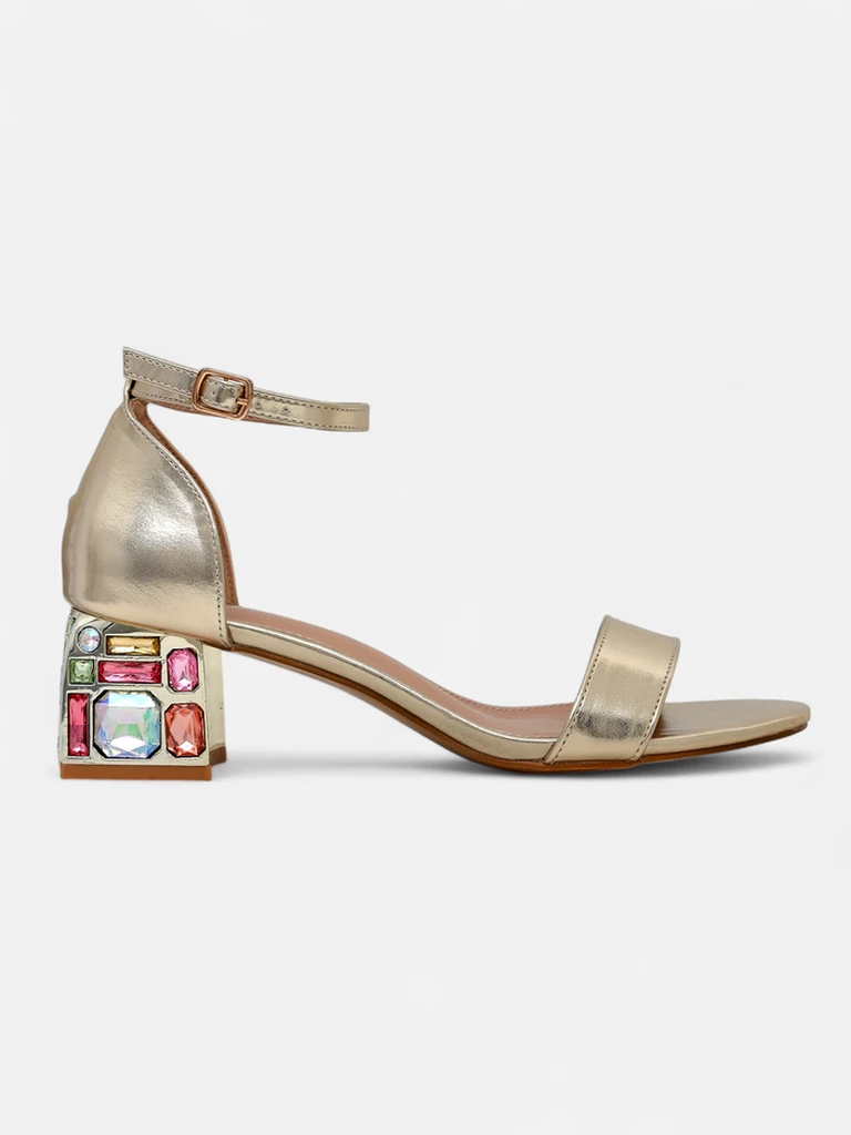Elektra Aurelia – gold sandals on a block heel with colorful crystals 5.5 cm