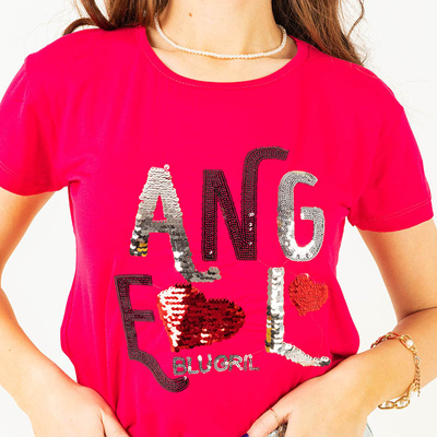 Fuchsia ladies t-shirt with sequin text - Clothing