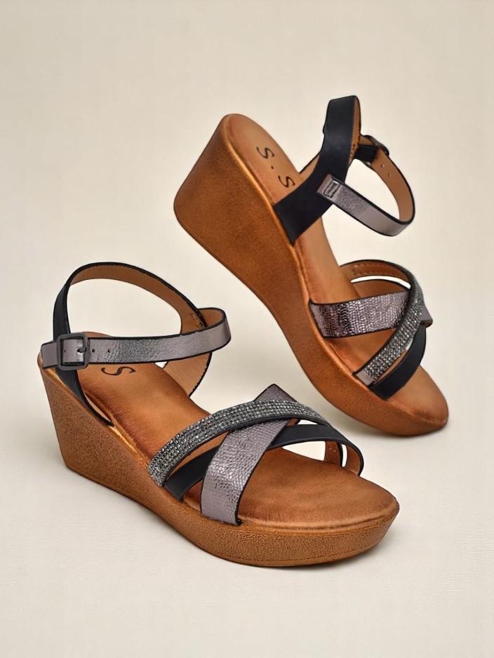 Royalfashion Women's wedge sandals with rhinestones and glitter Glittera