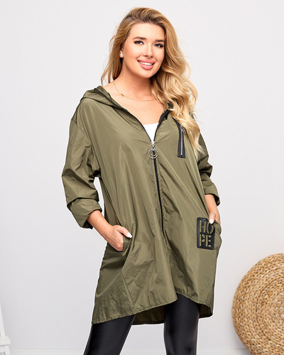 Dark green women's long windbreaker with embellishments - Clothing