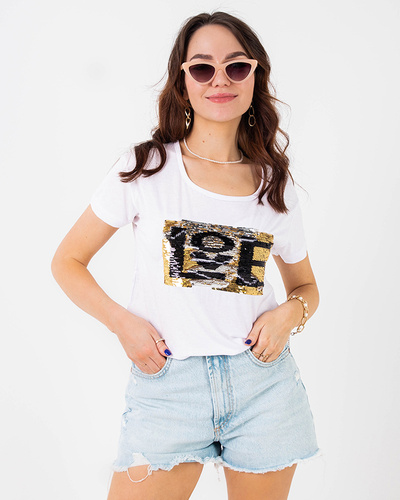 White women's t-shirt with an inscription and sequins - Clothing