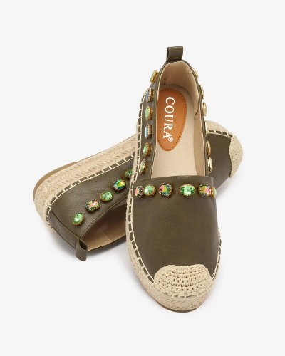 Women's espadrilles with crystals in khaki green - Footwear