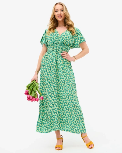 Women's green midi dress with yellow floral motif - Clothing