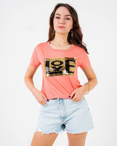 Coral women's t-shirt with inscription and sequins - Clothing