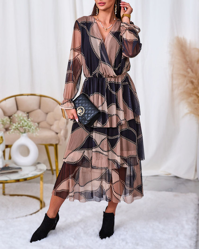 Royalfashion Black and light brown mesh midi dress with print