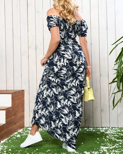 Navy blue and white women's maxi dress with print- Clothing