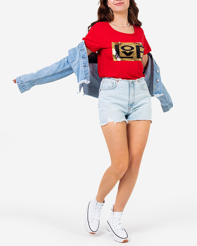 Red women's t-shirt with an inscription and sequins - Clothing