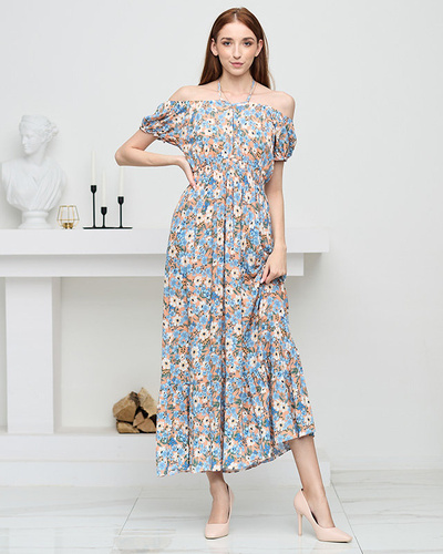 Long orange summer dress for women with blue flowers - Clothing