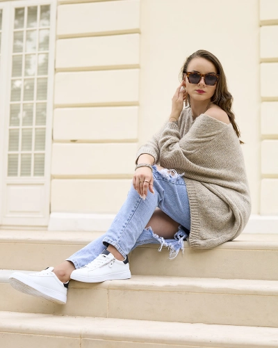 Royalfashion Pelēki bēšs sieviešu garais oversize džemperis