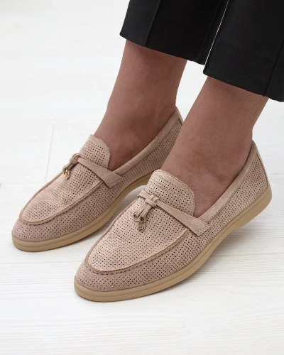 Women's openwork moccasins with gold decoration in light brown Sulewia- Footwear