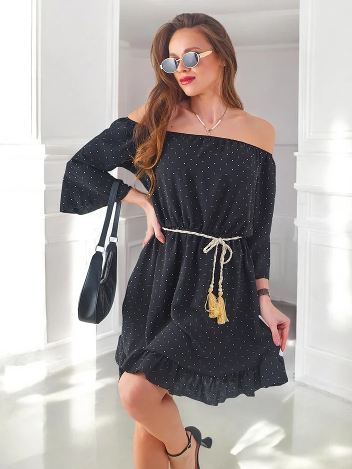 Royalfashion Women's mini dress off-the-shoulder with long sleeves and rhinestones