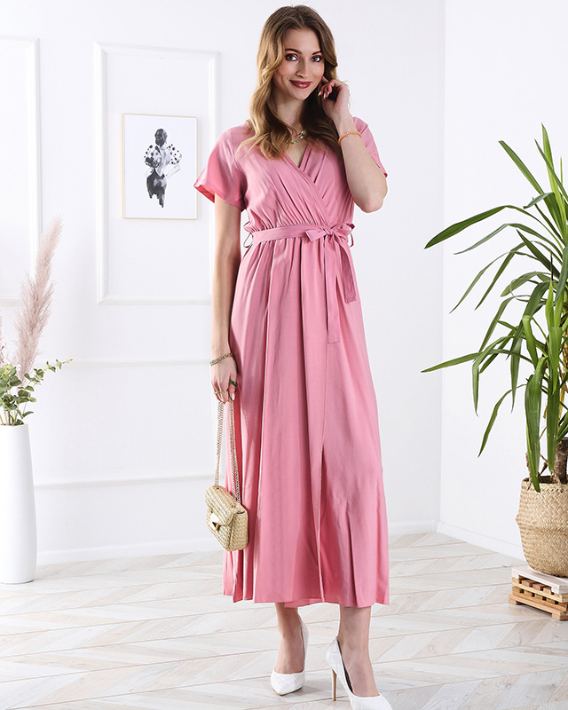 Women's pink long dress with slit - Clothing