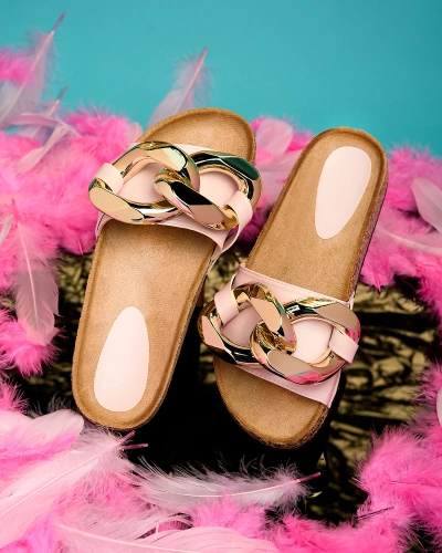 Women's pink slippers with decoration at Fixci- Footwear