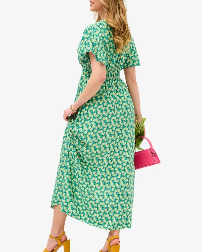 Women's green midi dress with yellow floral motif - Clothing