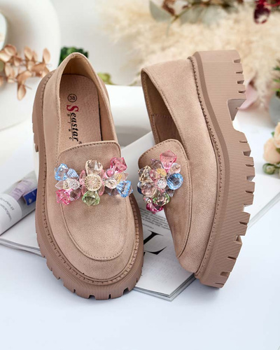 Light brown women's moccasins with colorful beads Hetika - Footwear