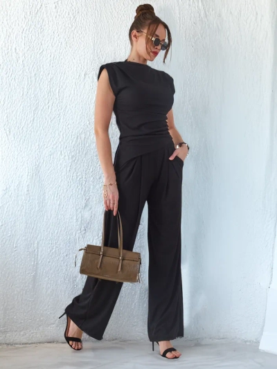 Royalfashion Women's ribbed set, with an asymmetrical top, sleeveless and wide-leg pants