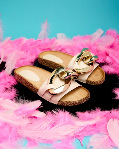 Ladies' beige slippers with decoration at Fixci- Footwear